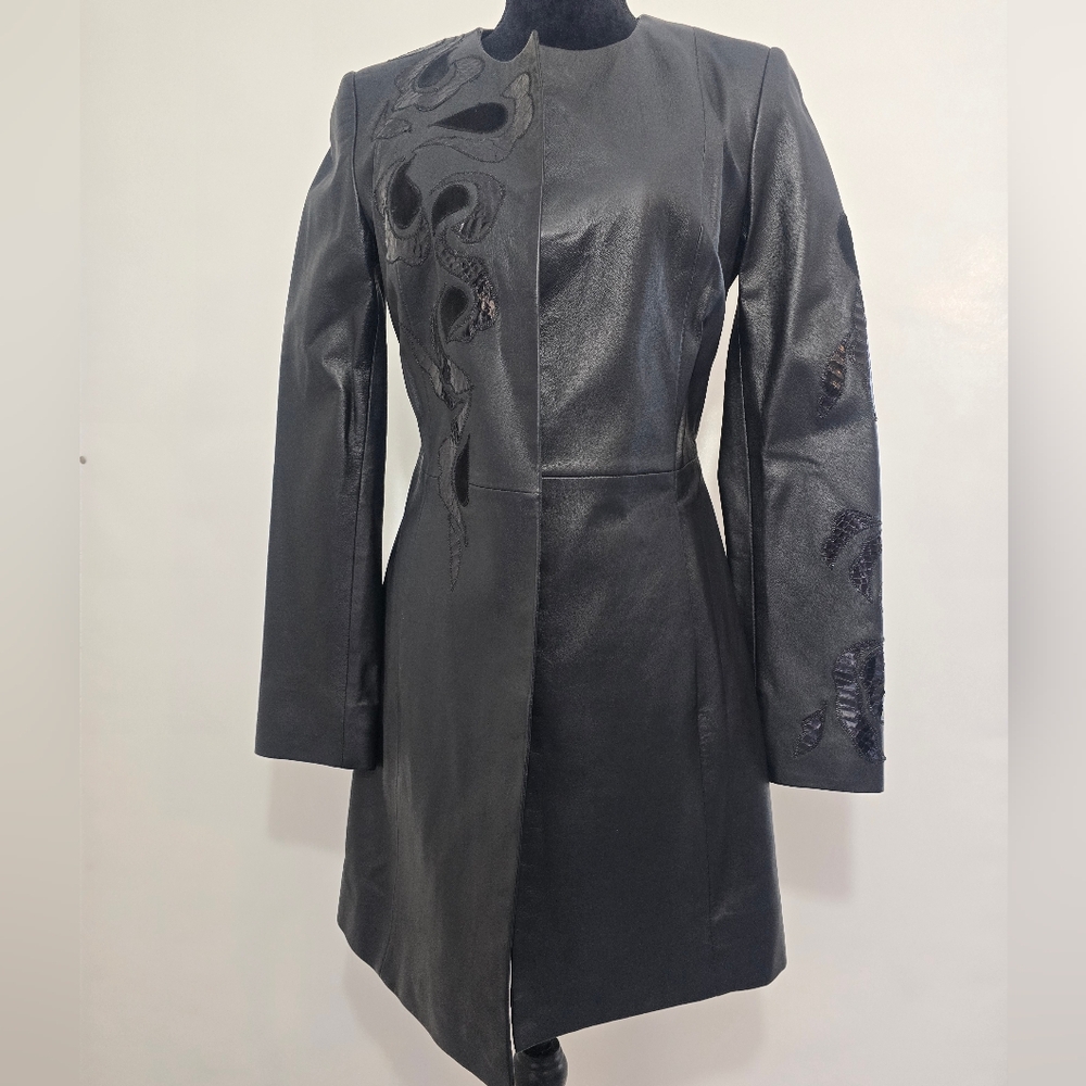 Genuine Leather Trench Coat Women’s Black Embroidered  NWT Size S